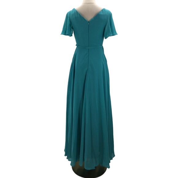 FORMAL PARTY SZ 4 S blue teal boat neck faux wrap lace up bridesmaid dress B159 - Picture 2 of 8